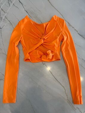 Orange Twist-Front Long Sleeve Crop Top Going Out Top